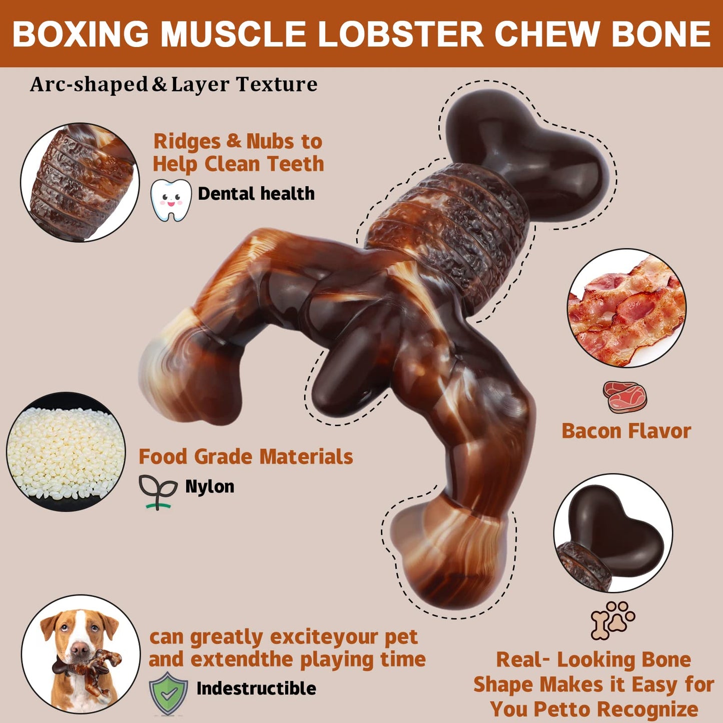 MOXIKIA Dog Chew Toys for Aggressive Chewers Almost Indestructible Dog Toys,Bacon Flavor,Tough Dog Bone Toys for Medium/Large Breed Dogs,Best Chew Toys to Keep Them Busy