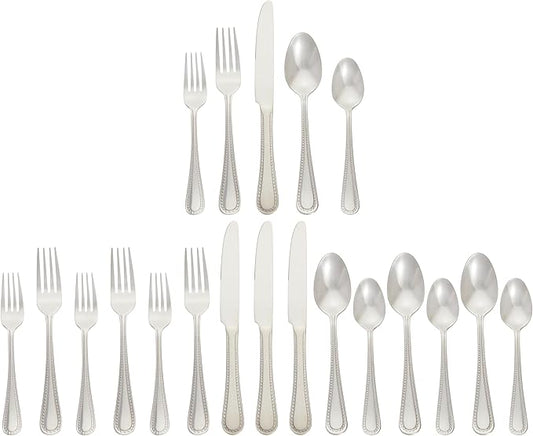 Amazon Basics Silverware Set, Stainless Steel Flatware, Dishwasher Safe, Easy to Clean, Service for 4, 20-Piece Forks and Spoons, Pearled Edge