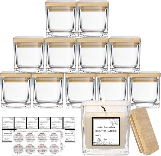 CONNOO 12 Pack 9 OZ Clear Square Candle Jars for Making Candles, Thick Glass Bulk Empty Candle Containers with Airtight Bamboo Lids for Candle Making, Sticky Warning Labels - Dishwasher Safe