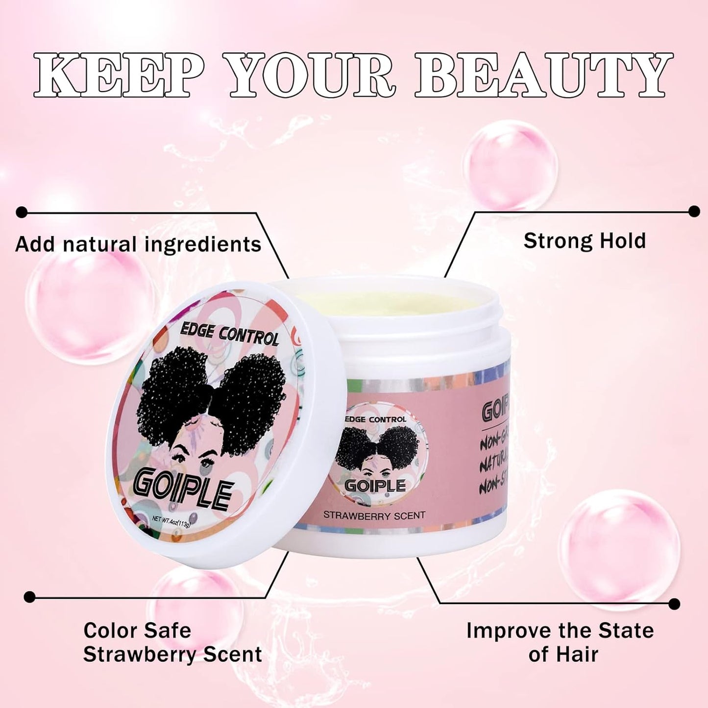 Goiple Edge Control Wax for Women - Strong Hold, Non-greasy Smoother, Strawberry Scent (4oz + Edge Scarf + Hair Bonnet + 2 Edge Brushes)
