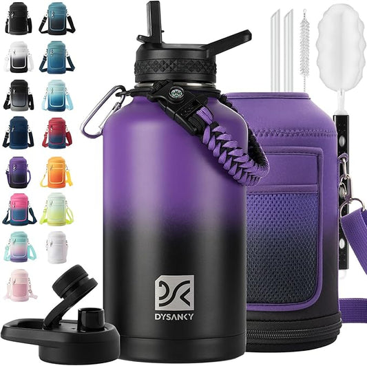 DYSANKY Insulated Water Bottle | Thickened Stainless Steel Vacuum Metal | Portable Sports Half Gallon Large Water Jug for Gym and Hiking with Straw, Carrier Bag, Handle Strap | BPA-Free 64 oz