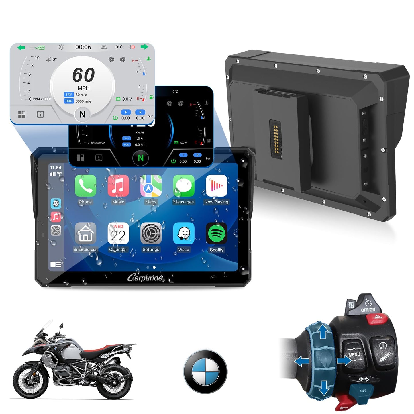 2025 CARPURIDE W702BS PRO for BMW Motorcycle CarPlay & Android Auto Dual Bluetooth, 7" Waterproof GPS Navigation Screen, Data Reading, Native Wonder, TPMS, Light Sensor, Music Sharing, Intercom,16-Pin