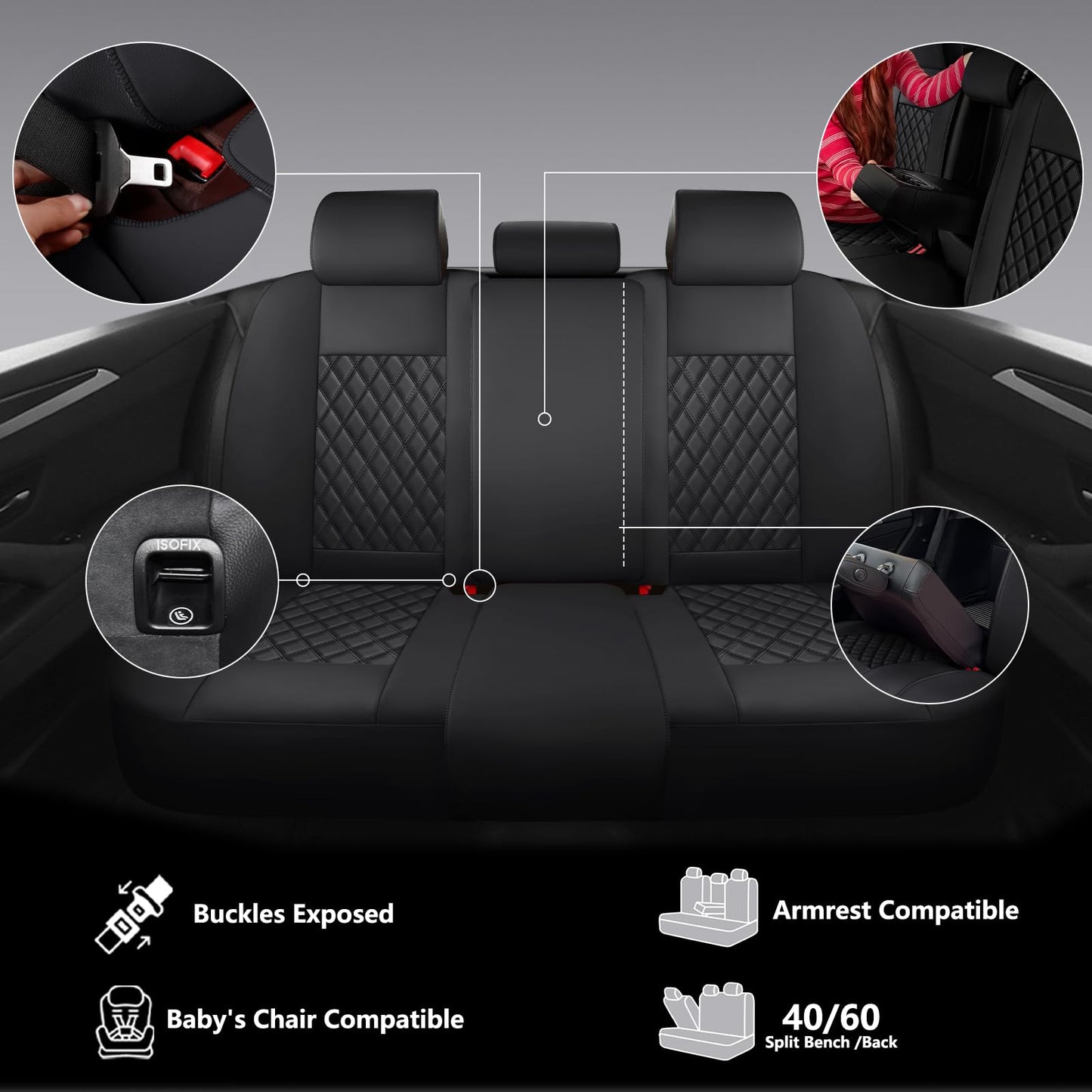 GEEYONTEK Premium Leather Car Seat Covers Full Set,Universal Fit for Cars,Trucks&SUVs,Waterproof Car Seat Cushion,Full Coverage Car Seat Protector with 5 Seats,Black