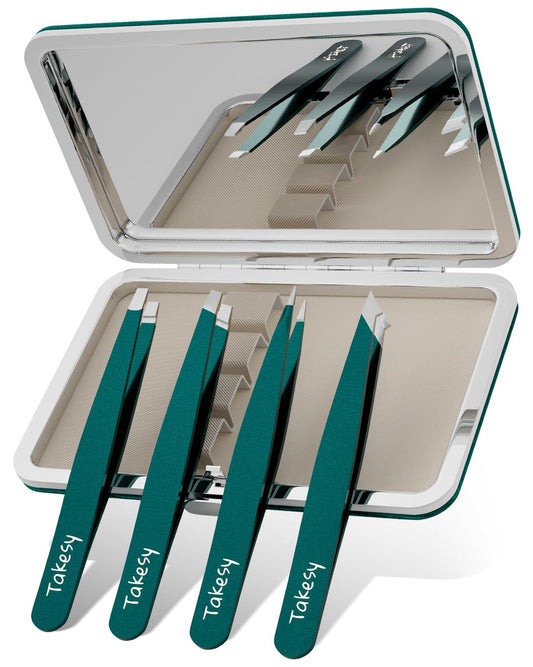 Upgraded Sharp Precision Tweezers for Facial Hair & Chin Hair, Slanted Design for Women & Men Eyebrow Plucker, Great with Travel Mirror Case (Green)