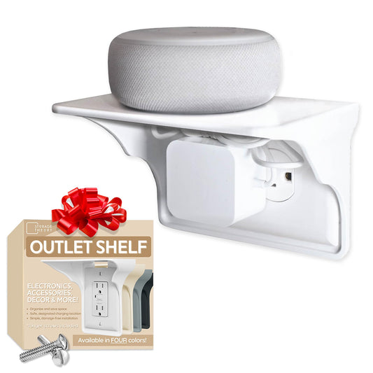 Storage Theory Power Perch Horizontal Outlet Shelf with Cord Storage Strap – Wall Shelf for Echo Dot, Electric Toothbrush, Phone – Bedroom & Bathroom Organizer (White, 1-Pack)