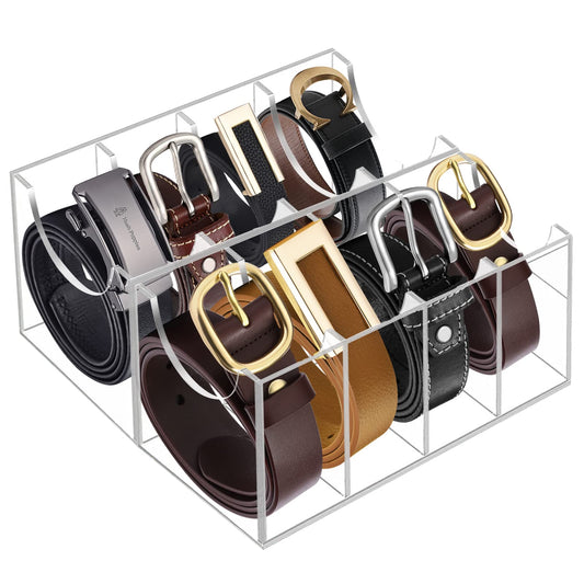 Hlimior Acrylic 8 Compartment Belt Organizer - Clear Display Case for Closet Tie, Bow Tie, Watch, Jewelry, Bracelets, Ring