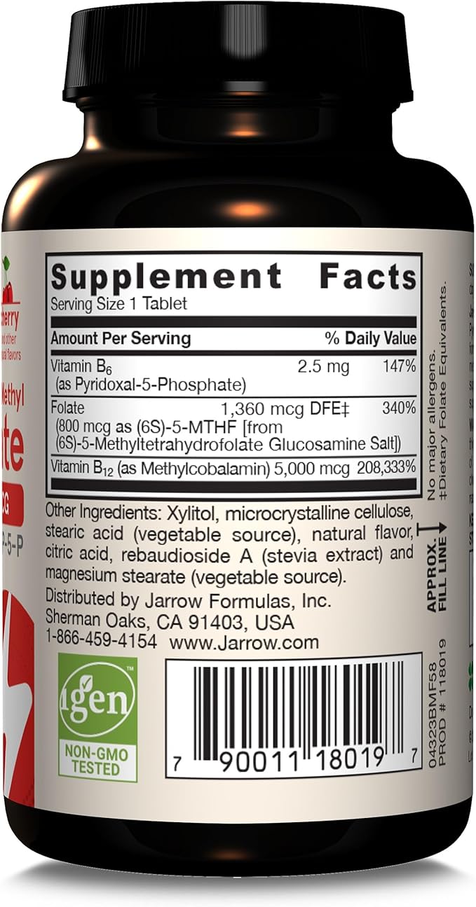 Jarrow Formulas Ultra Strength Methyl B-12 5000 mcg & Methyl Folate 800 mcg + P-5-P, Dietary Supplement for Cellular Energy Metabolism and Cardiovascular Support, 60 Chewable Tablets, 60 Day Supply