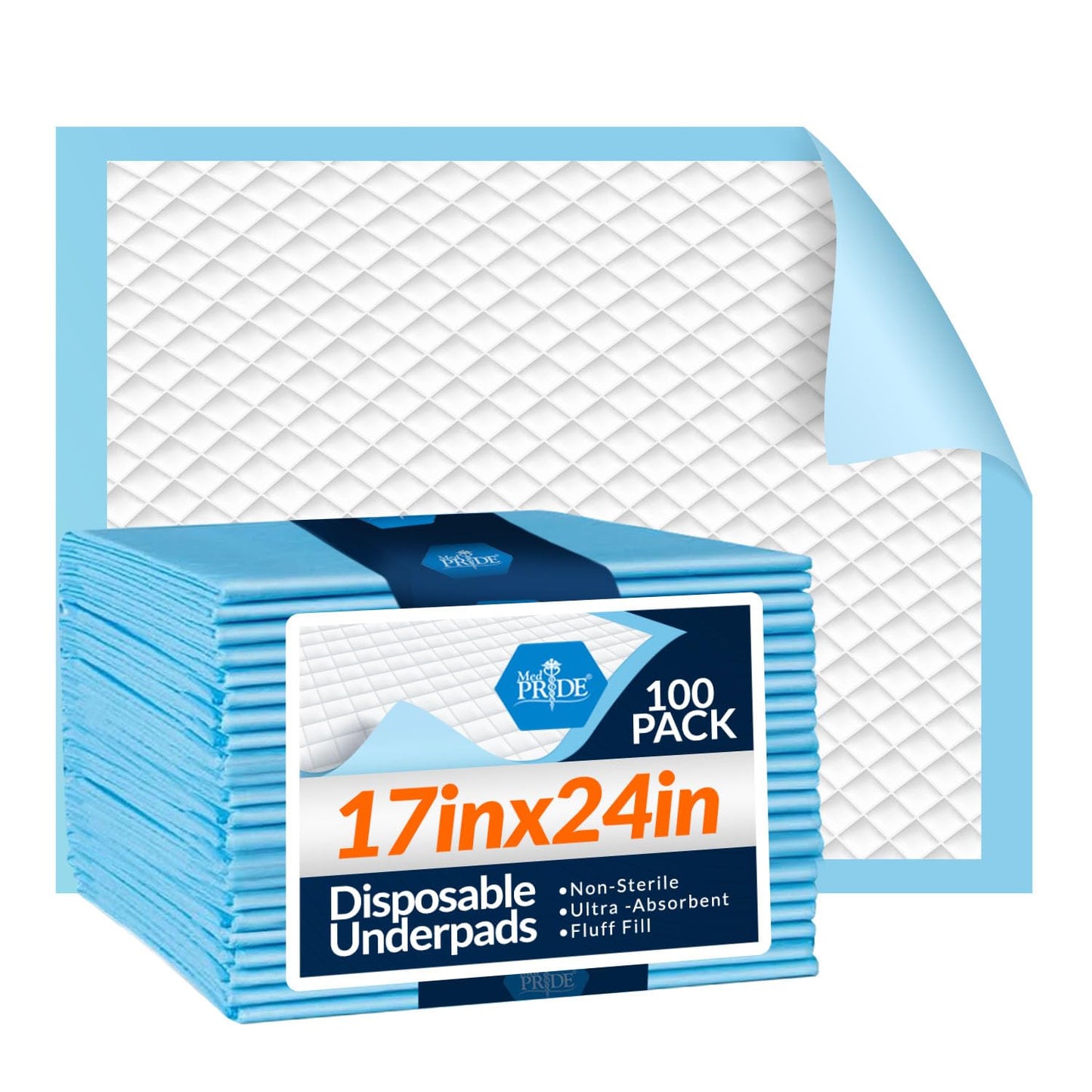 Medpride Disposable Underpads 17'' x 24'' (100-Count) Incontinence Pads, Bed Covers, Puppy Training | Thick, Super Absorbent Protection for Kids, Adults, Elderly | Liquid, Urine, Accidents