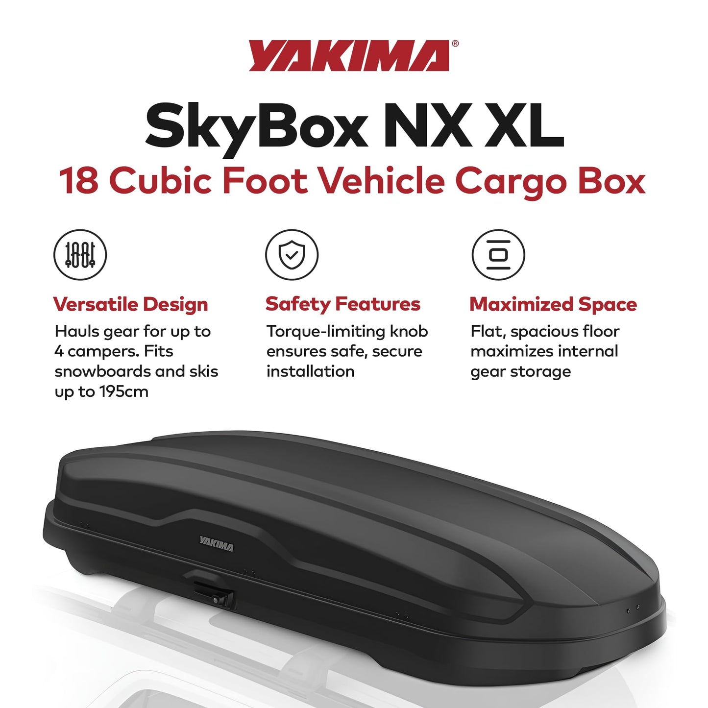 Yakima SkyBox NX XL 18 Roof Top Cargo Carrier, 18 Cubic Feet, Black – Vehicle Rooftop Hard Shell Travel Storage Box with Dual Sided Opening, SKS Locks and Universal Mounting