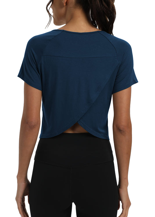 Mippo Short Sleeve Athletic Tops Workout Shirts Exercise Clothes Gym Crop Top Tshirts for Women Loose Fit Navy Blue M