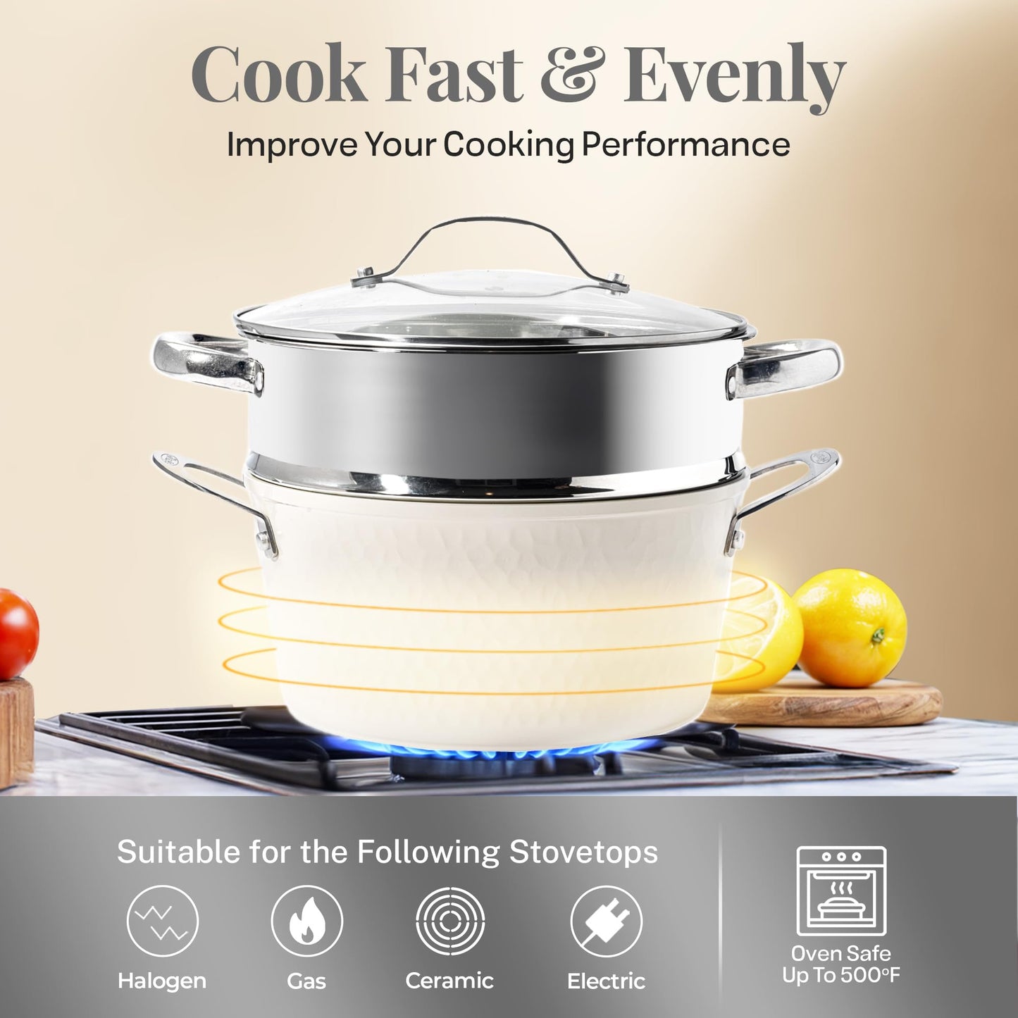 Gotham Steel Hammered 15 Pc Ceramic Cookware Set Nonstick, Deep Pots and Pans Set Non Stick with Induction Cookware, Cooking Utensils & Steamer, Non Toxic PFOA PFOS Free, Oven & Dishwasher Safe