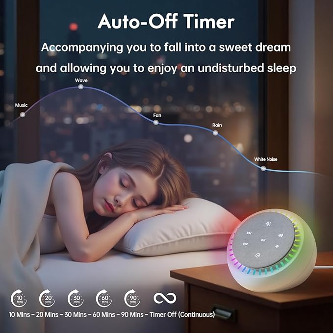 DreamSky White Noise Sound Machine with 26 Soothing Sounds & 30 Level Volume, RGB Night Light, Brown Noise for Sleeping Adults, Baby, Kids Sleep, Auto-Off Timer, USB-C Powered for Home Office Travel
