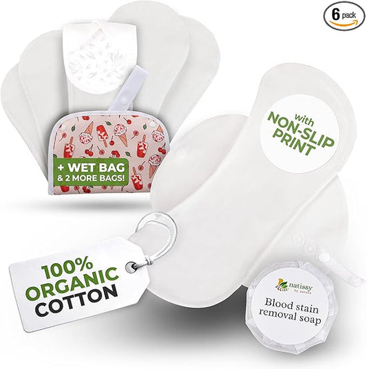 Non-Slip Reusable Period Pads for Teen Girls (S+M, 6-Pack); High-Temp Washable Organic Cotton Cloth Pad; Reliable, Non-Irritating, Soft Reusable Pads Menstrual for Secure & Comfortable First Period
