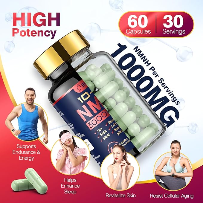 NMNH (Dihydronicotinamide Mononucleotide), 1000mg Per Serving NAD High Purity Supplement Alternative, Capsules Gluten Free, Non-GMO, for Anti-Aging, Energy, Focus - 053