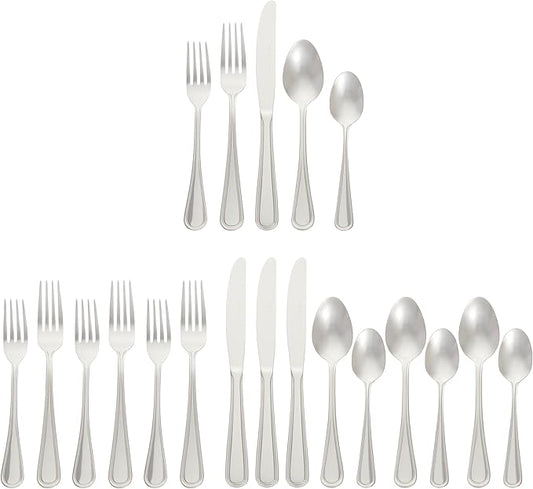 Amazon Basics Silverware Set, Stainless Steel Flatware, Dishwasher Safe, Service for 4, 20-Piece Forks and Spoons, Crown Edge, Everyday Use