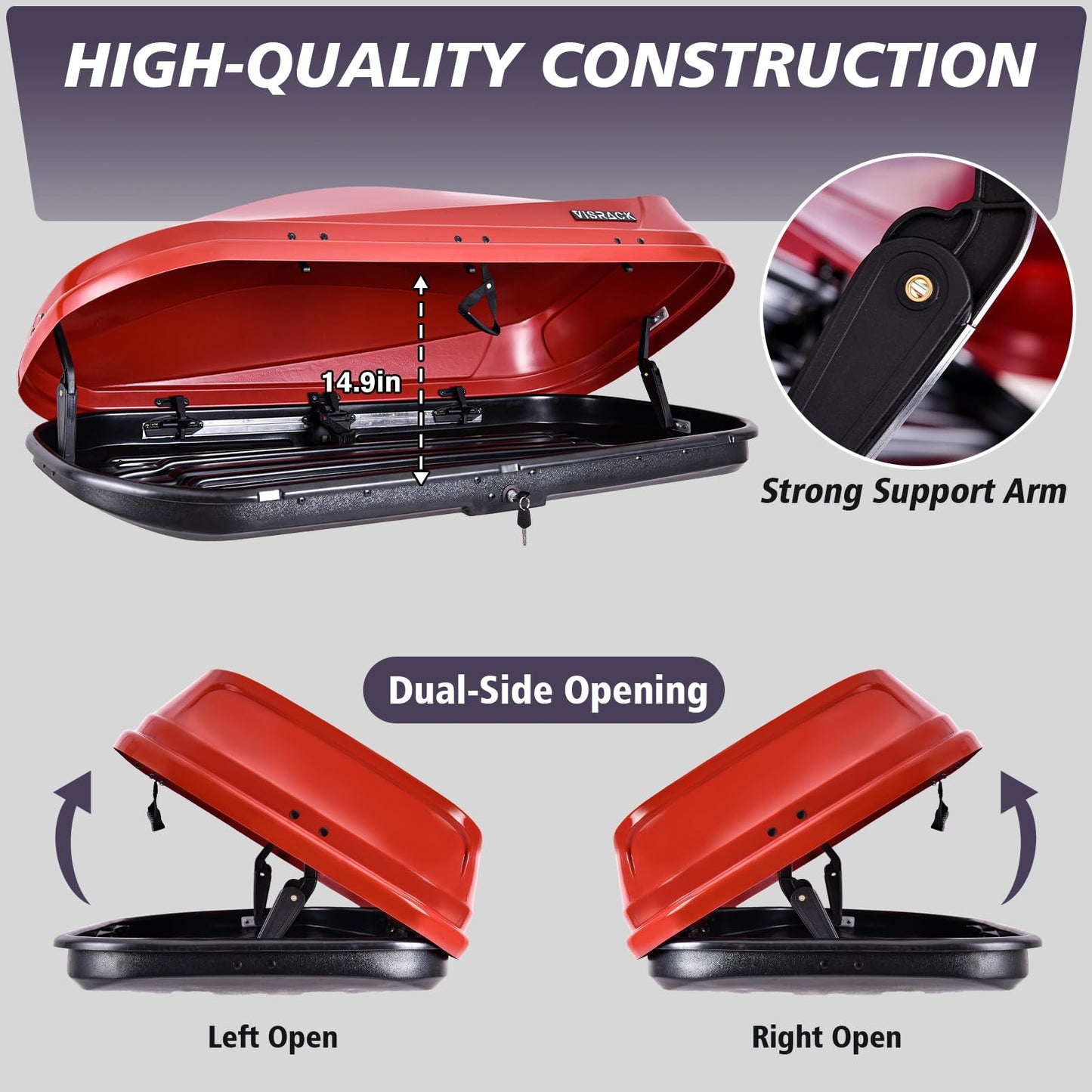 Potowo Rooftop Cargo Carrier Box, Large Hard Shell Roof Rack Cargo Carrier with Security Keys, Waterproof Rooftop Cargo Box, 62 (L) x 31 (W) x 15(H) Inches, 14 Cubic Feet (Red)