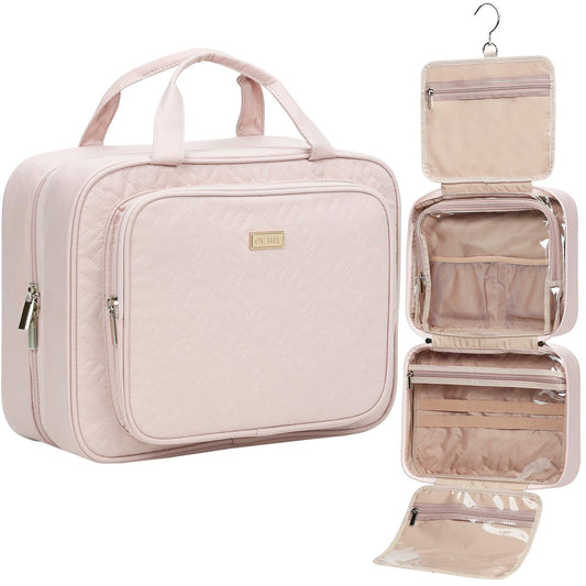NISHEL Travel Toiletry Bag for Women Large Capacity, Makeup Essentials Organizer, Hanging Case for Accessories, Cosmetics, Pink