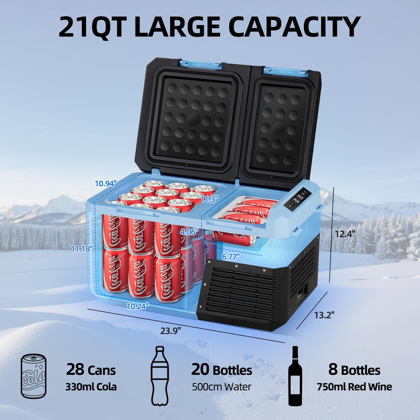 Tecnolove 25L Car Refrigerator Freezer, 27QT Dual Zone Portable Compressor Cooler with Reversible Door, 100–240V AC / 12V / 24V DC Powered, Touchscreen Control, LED Light, -4℉ to 68℉, Ice Blue