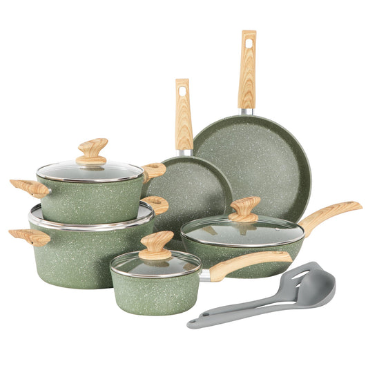 MAISON ARTS Pots and Pans Set Non Stick, 12 Piece Green Granite Kitchen Cookware Induction Compatible, Pot and Pan Sets for Cooking Nonstick