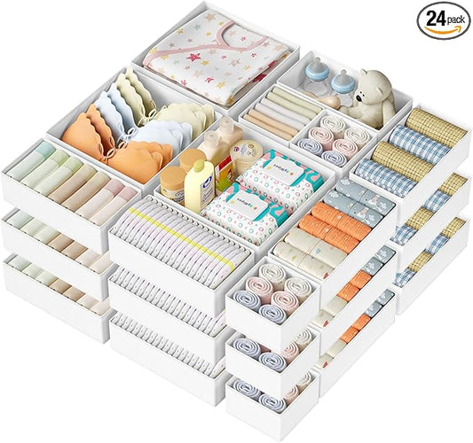 DIMJ Drawer Organizer Clothes 24 Pack - Foldable Baby Organizers and Storage & Dresser Organizer for Bedroom, Closet - Nursery Organization Dresser Dividers for underwear, Sock,Bra, Belt, Tie, White