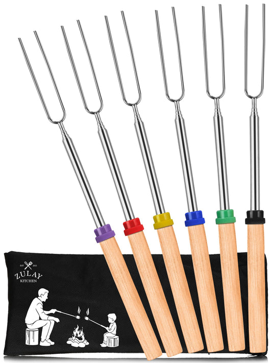 Zulay Kitchen 6 Pack Smores Sticks for Fire Pit - Long Marshmallow Roasting Sticks Smores Kit - Perfect Smore Skewers & Hot Dog Forks For Campfires, Camping Essentials S'mores Gear (Extendable Sticks)