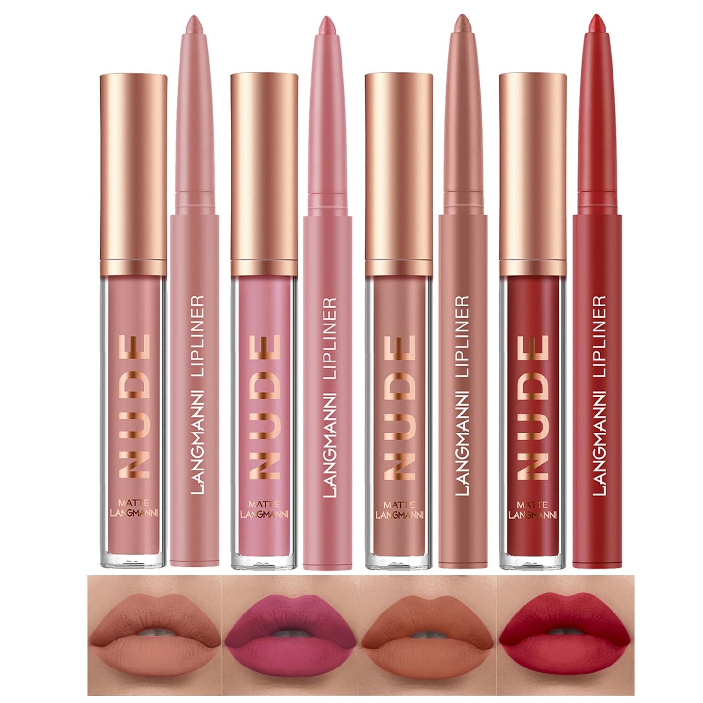 LANGMANNI 4pcs Matte Lipstick with Lipliners Durable Makeup Set,Long-Lasting Non-Stick Cup Not Fade Waterproof Pigmented Velvet Lipgloss Kit Beauty Cosmetics Makeup Gift for Girls(#9+10+11+12)