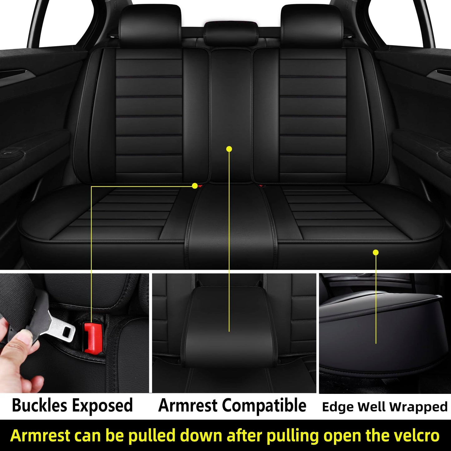 CAPITAUTO Universal Car Seat Covers Full Set - Waterproof Faux Leather, Airbag-Safe Design, Fit for Cars/SUVs/Trucks, 5-Seat Black Interior Accessories