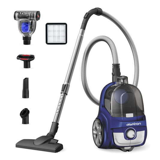 Aspiron Canister Vacuum, Upgraded 1600W Bagless Canister Vacuum Cleaner, Auto Cord Rewind, H13 HEPA Filter, 3.7Qt Large Capacity, 5 Tools for Hard Floors, Carpet, Pet, Upholstery, Tiles, Car, White