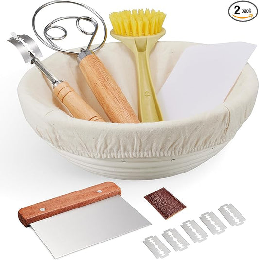 Dimpola Banneton Bread Proofing Basket Banneton Basket Set Sourdough Proofing Basket Round Proofing Bowls Handmade Rattan Baskets and Liners (Round 9 inch Baking Set)