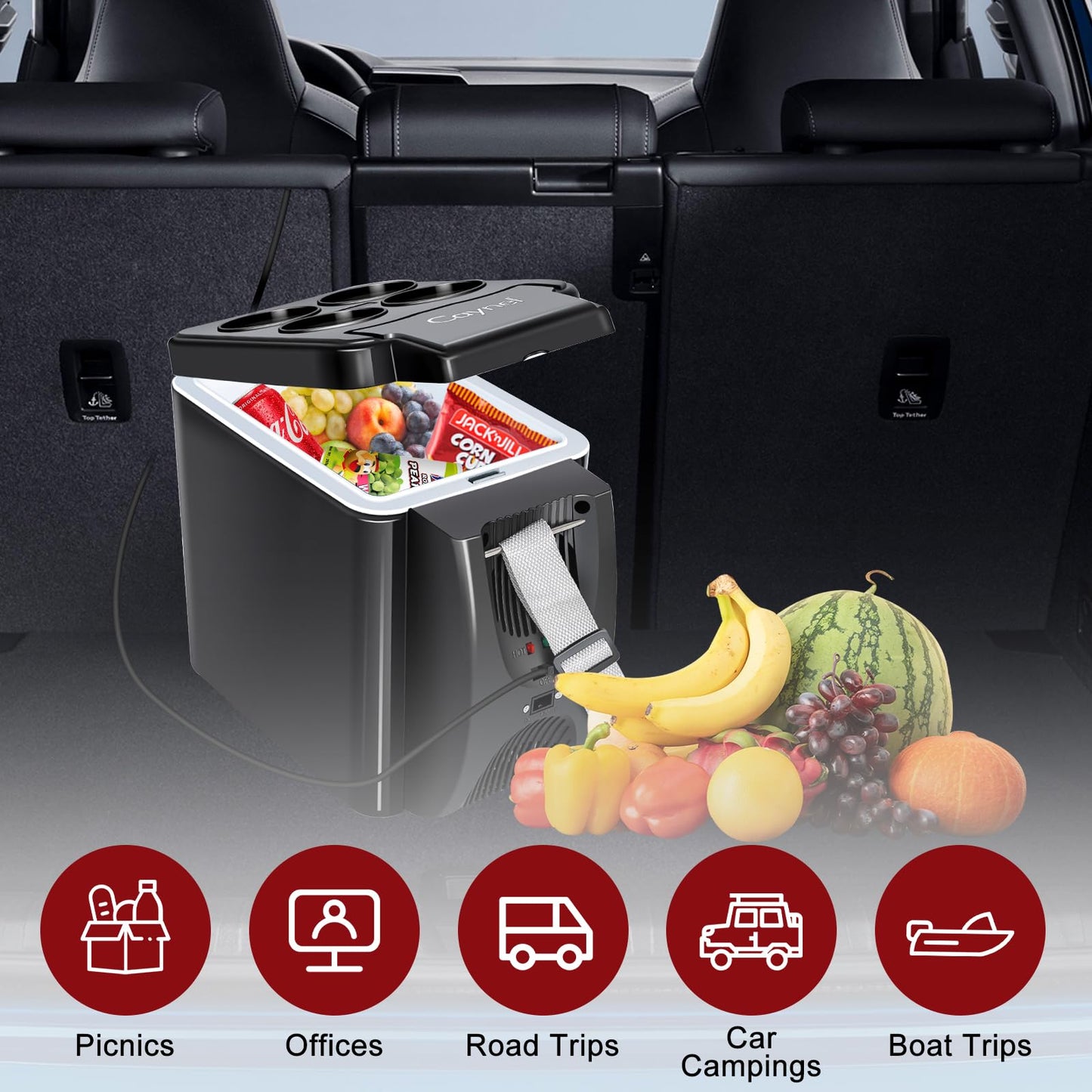 CAYNEL 12V 6 Quart Personal Thermoelectric, 6 Liter Capacity, Portable Electric Cooler Warmer with 12V DC, Small Fridge for Car, RV, and Camping Use