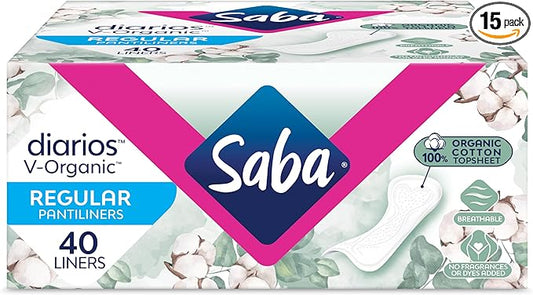 Saba V-Organic Regular Pantiliners | for Daily use | 100% Organic Cotton Topsheet | Breathable Pantiliners | 160 Liners (4 Packages, 40 Liners Each)