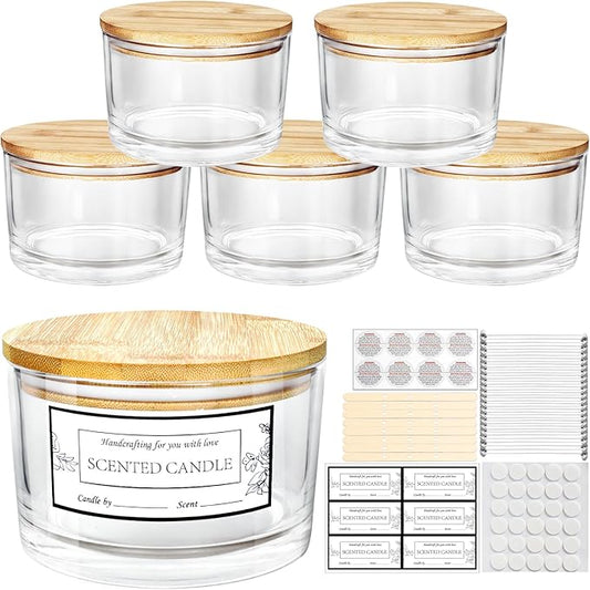 CONNOO 24oz Clear Glass Candle Jars 6 Pack, Multi-Wick Wide Mouth Empty Bulk Candle Containers for Making Candles with Airtight Bamboo Lids, Sticky Warning Labels, Wick kit- Dishwasher Safe
