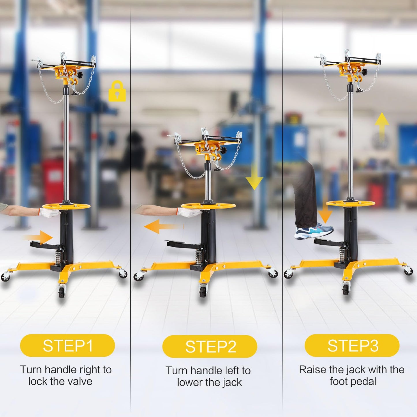 Transmission Jack Heavy Duty Professional Hydraulic High Lift 2 Stage Adjustable Telescoping 1/2Ton Capacity Transmission Jack Adapter for Floor Jack Car Lift (Canary Yellow)