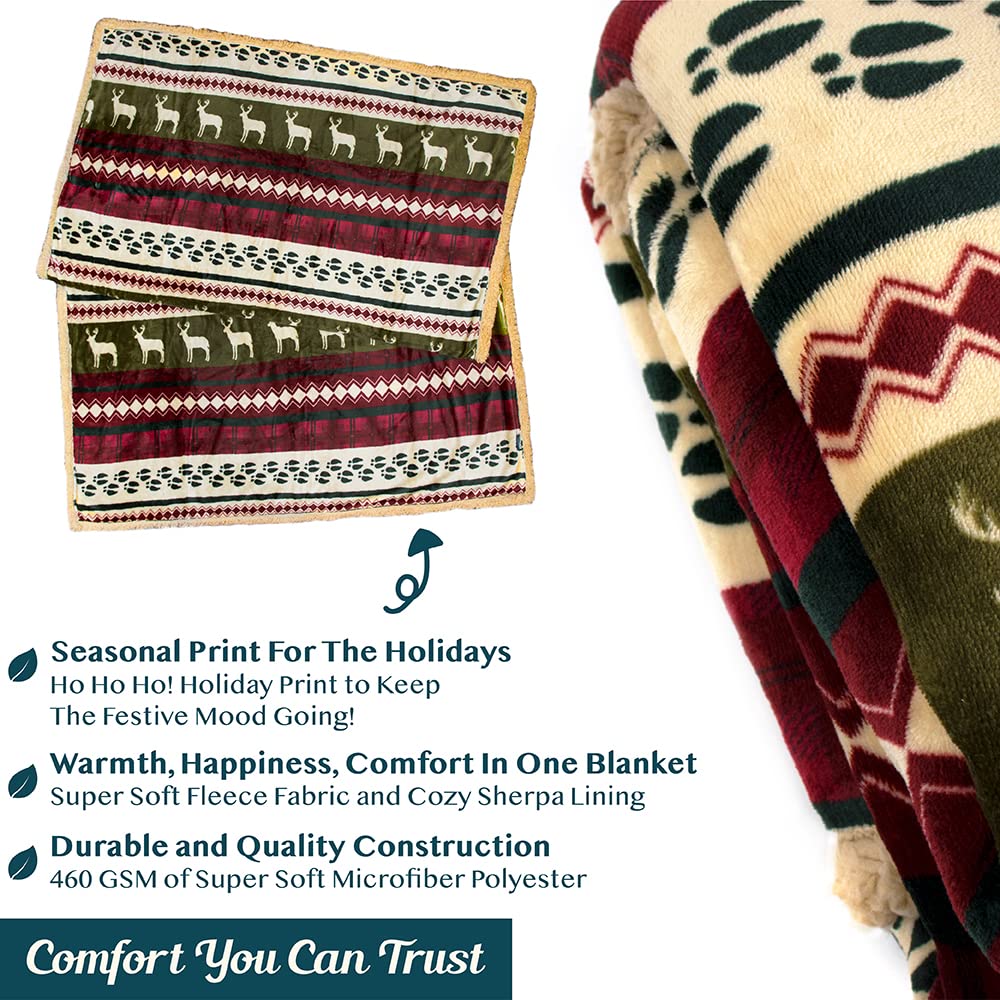 PAVILIA Premium Christmas Blanket Sherpa Fleece Throw| Plush Christmas Decoration, Reindeer, Cozy Reversible Winter Holiday Cabin Blanket for Sofa Couch 50x60