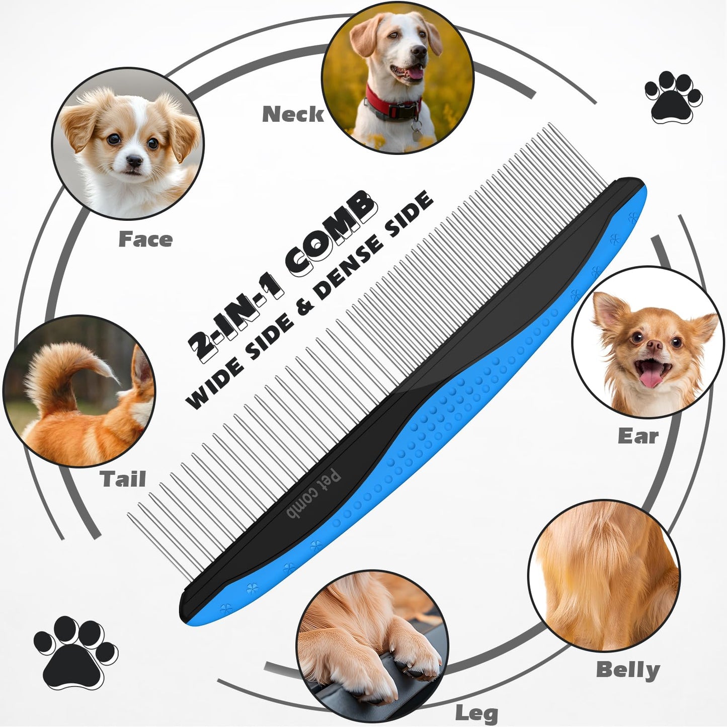 UGNEL 3PCS Pet Grooming Rake & Metal Comb & Bath Brush for Dogs and Cats, Double-Sided Dematting Tool, Extra-Wide Deshedding Dog Brush for Long Hair to Effectively Remove Tangles, Knots and Mats