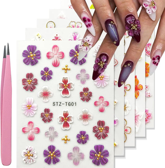 Nail Art Stickers Decals 5D Embossed Flower Nail Decals Self Adhesive Spring Summer Plumeria Nails Supplies 3D Design for Women Decoration Colorful Flower Nails Stickers