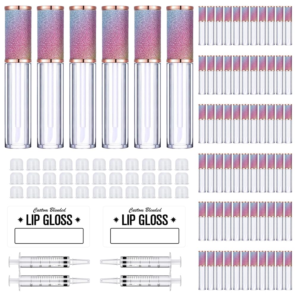 AMORIX 72 Pack 5ml Rainbow Lip Gloss Tubes with Wand 5ml Lip Gloss Containers Empty Lipgloss Bottles + 4pcs Syringes for DIY Lip Gloss Balm