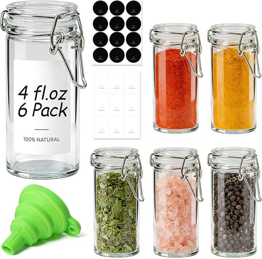 ComSaf 4 oz Glass Spice Jars with Airtight Clamp Lids, 6 Pack Small Swing Top Glass Containers for Herb Storage, Pantry Organization, Party Favors & DIY Gifts - Includes Funnel & Labels