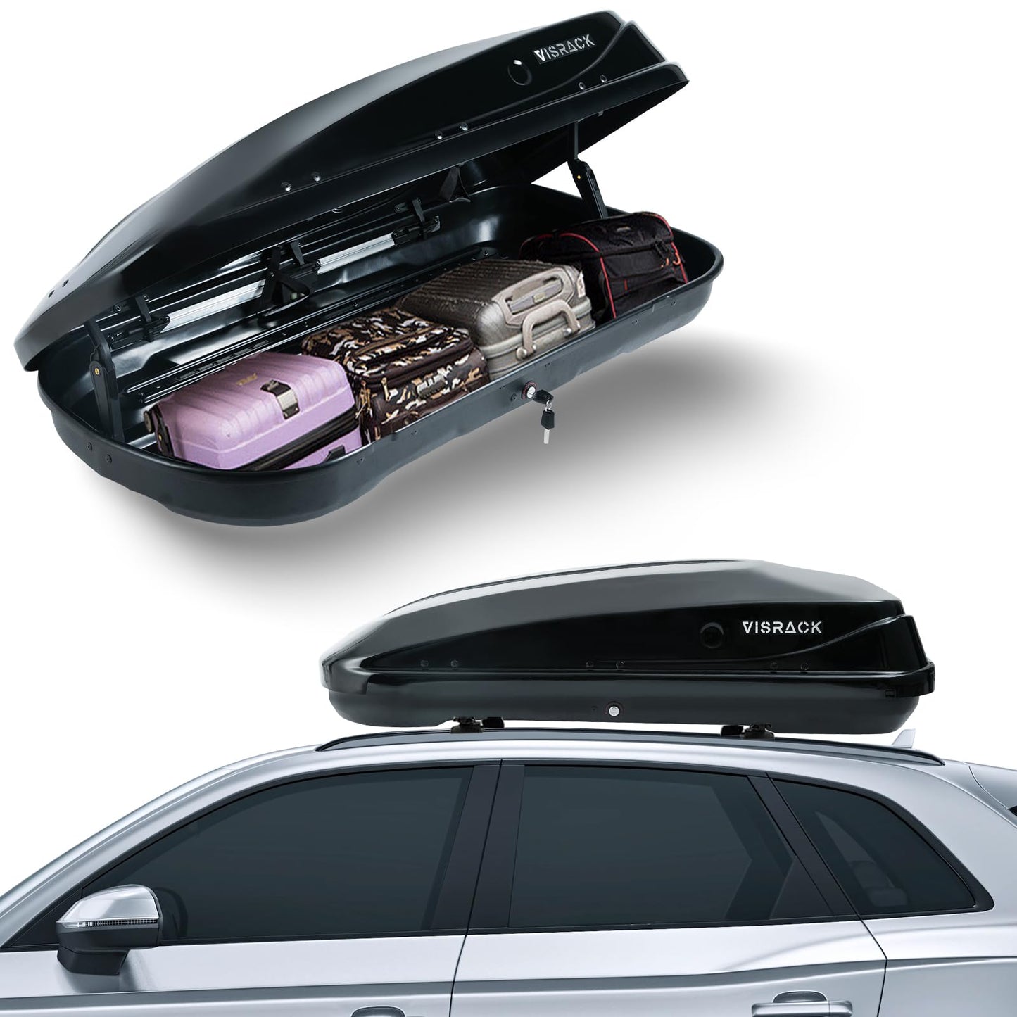 Hard Shell Roof Cargo Carrier, 13 Cubic Feet Black Roof Box with Security Keys, Durable ABS and PMMA Material, Tool-Free Installation, Double-Sided Opening, 56" L x 30" W x 13.7" H
