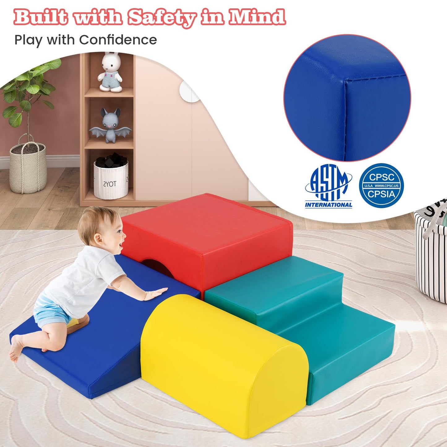 Costzon Climbing Toys for Toddlers, 4 PCS Single-Tunnel Foam Climber for Climbing, Crawling and Sliding, Lightweight Soft Play Blocks for Preschool Baby Boys Girls (Blue&Yellow&Red&Green)