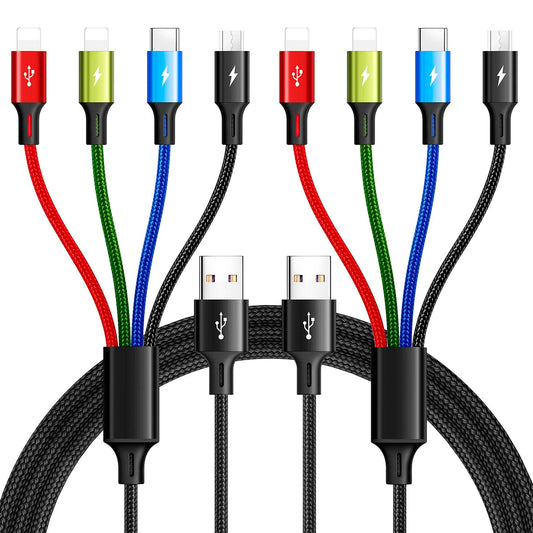 Multi Charging Cable 3.5A Multiple Charger Cable Braided 4 in 1 Multi USB Cable Fast Charging Cord with IP/Type C/Micro Ports for Cell Phones/iPhone Series/Tablets/Samsung Galaxy & More (2Pack 4Ft)