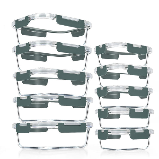 VERONES 10 Pack Glass Meal Prep Containers, Airtight Glass Lunch Containers, Stackable Glass Food Storage Containers Set with Lids,Exclusive of BPA,for Microwave, Oven, Freezer & Dishwasher,Grey