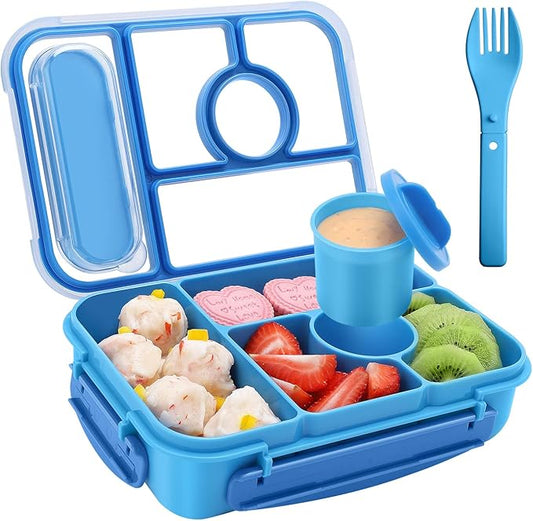 Amathley Bento Box Adult Lunch Box Kids,Lunch Containers for Adults/Kids/Toddler,5 Compartments Bento Lunch Box with Sauce Vontainers,Microwave & Dishwasher & Freezer Safe,BPA-Free (Blue)