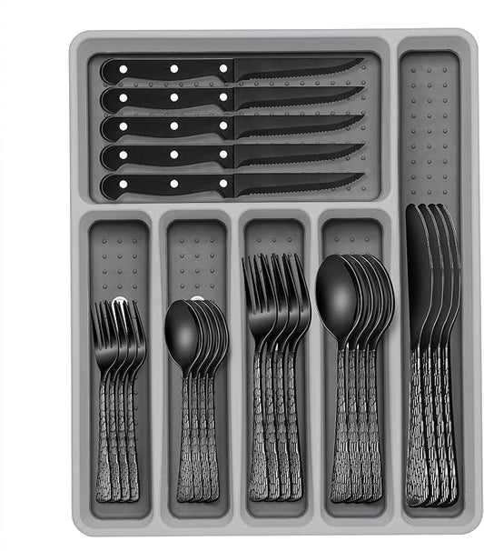 49-Piece Black Silverware Set with Organizer, Food-Grade Stainless Steel Black Flatware for 8, Cutlery Utensil Sets with Steak Knives, Rust-proof, Mirror Polished, Dishwasher Safe, Tree Pattern