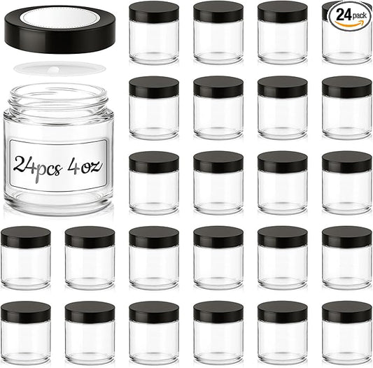 4 oz Glass Jars with Lids, 24 Pack Clear Small Glass Jars with Black Lids Leakproof Round Airtight Empty Cosmetic Travel Containers with Inner Liners For Lotions Powders and Candle Making