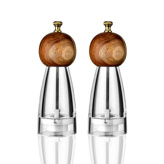 Premium Acrylic Salt and Pepper Mill Set, 6.7 Inches Acacia Wood Grinder with Adjustable Coarseness Mill, Refillable Manual Salt Grinder, Enjoy Fresh Ground Pepper Sea Salts & Various spices