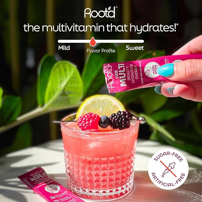 Root'd Multivitamin Powder for Women - 25 Vitamins & Minerals with 3X Electrolytes, 9 Organic Superfoods, Probiotics & Enzymes, Sugar-Free Multivitamin & Hydration | 30 Vitamin Drink Mix Packets