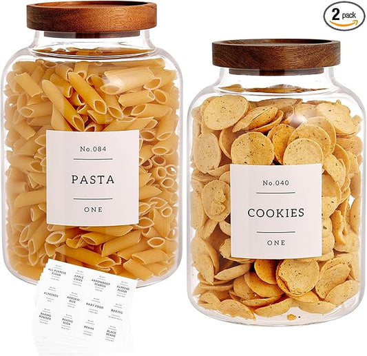 CZHQSMZ Set Of 2 Large Glass Jar with Wooden Lid with 132 Labels, Glass Storage Jars for Flour Pasta Candy Coffee Cookie and More(70 FL OZ/2000 ml)