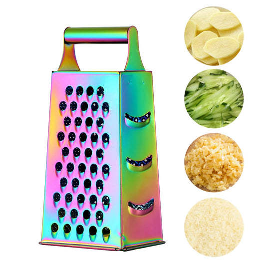 Rainbow Cheese Grater Handheld Grater for Kitchen, Stainless Steel 4 Sided Cheese Grater with Handle for Grinding Shredding & Slicing, Dishwasher Safe