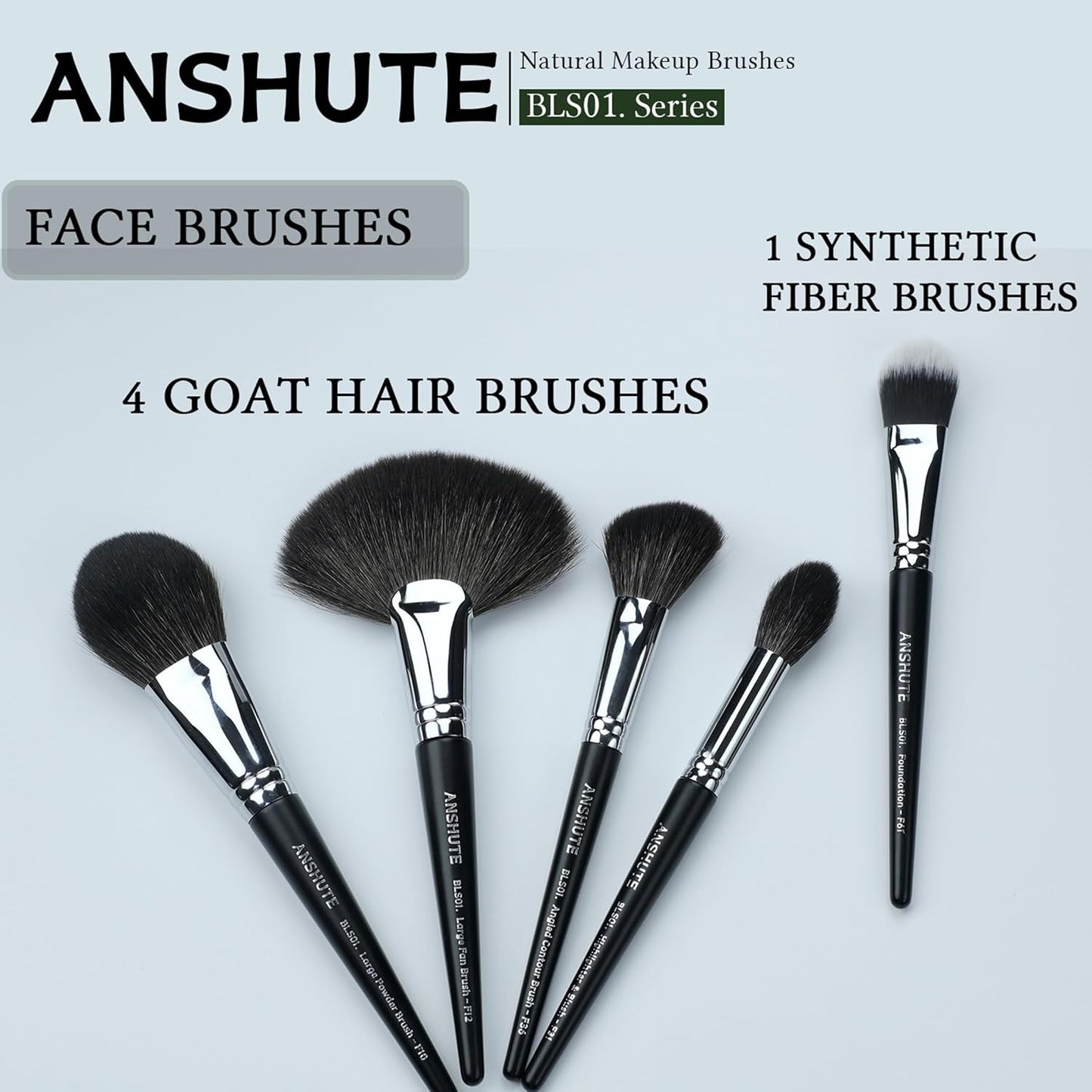 5-Piece Professional Natural Goat Hair Makeup Brush Set – Face Brushes for Powder, Blush, Contour, Highlighting & Foundation. Super Soft Bristles, Variety of Brushes. Labled Brush Handle